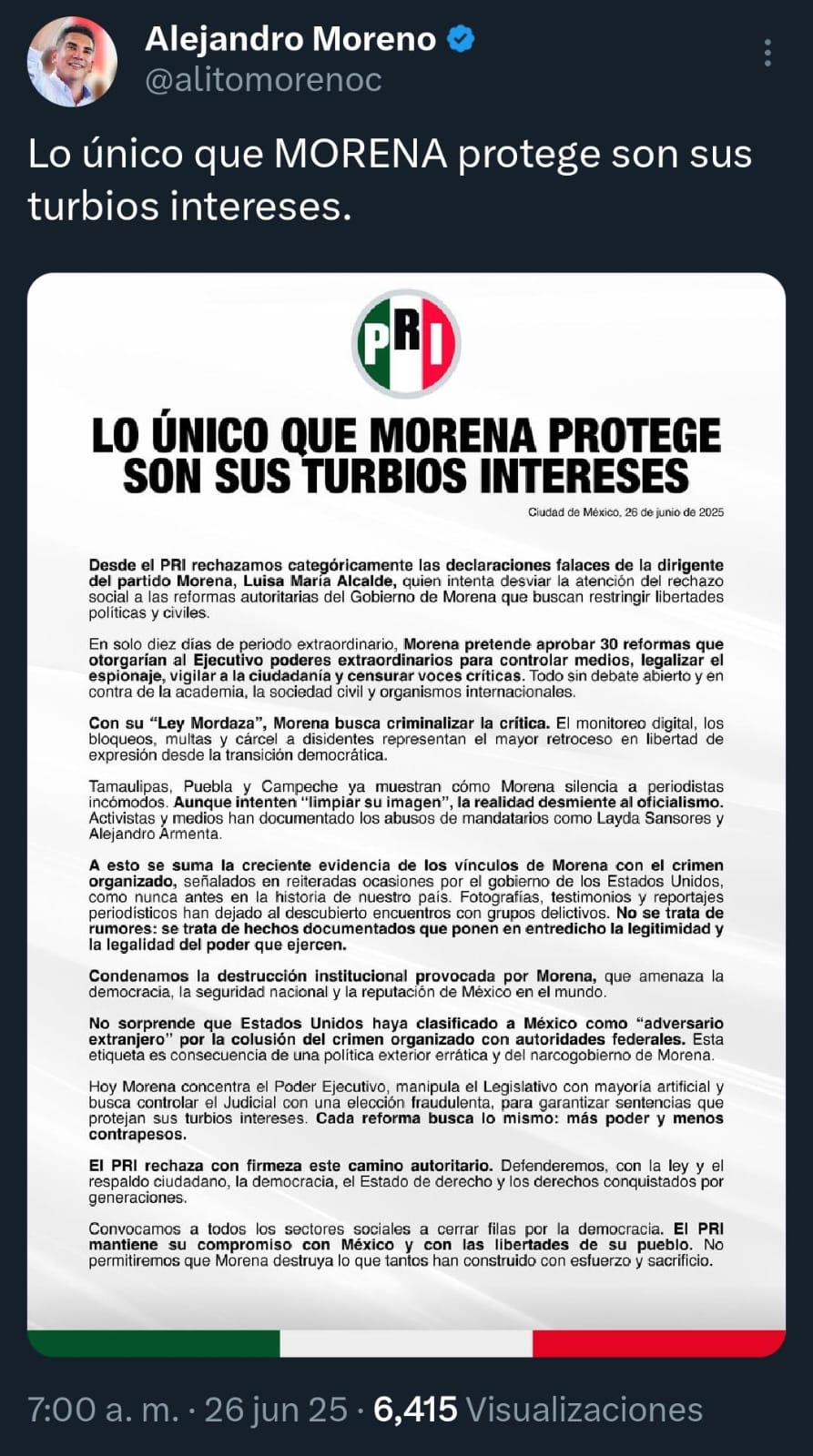 LO ÚNICO QUE MORENA PROTEGE SON SUS TURBIOS INTERESES: PRI