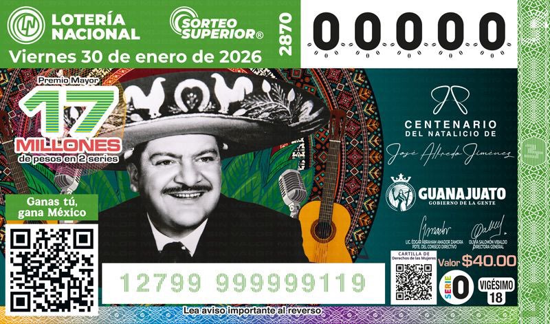 PRIMER SORTEO DE LA LOTERÍA NACIONAL DE 2026 SERÁ EN DOLORES HIDALGO; CELEBRARÁ EL CENTENARIO DE JOSÉ ALFREDO JIMÉNEZ
