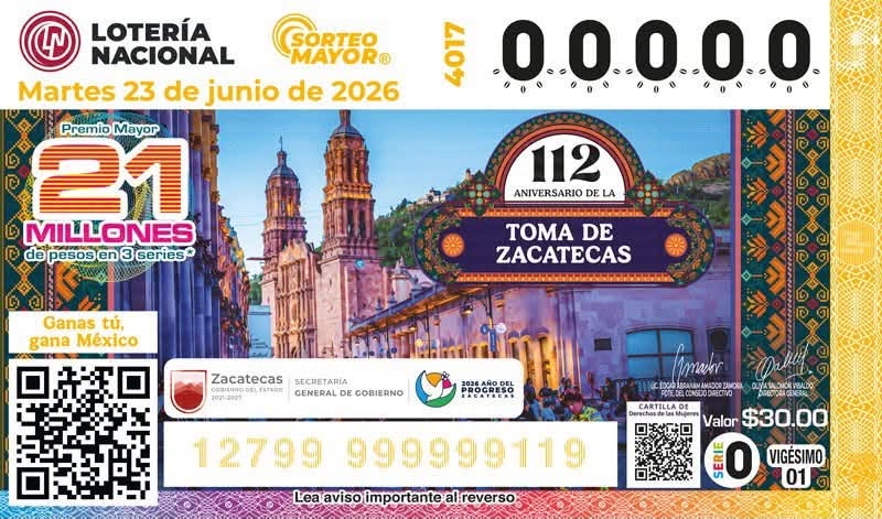 REALIZARÁ LOTERÍA NACIONAL SORTEO TERRITORIO PARA CONMEMORAR EL 112° ANIVERSARIO DE LA TOMA DE ZACATECAS