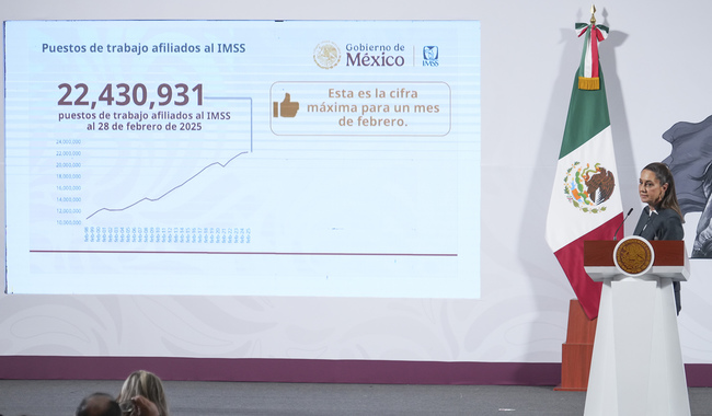 CELEBRA CLAUDIA SHEINBAUM CIFRA HISTÓRICA DE 22 MILLONES 430 MIL 931 EMPLEOS AFILIADOS AL IMSS AL 28 DE FEBRERO